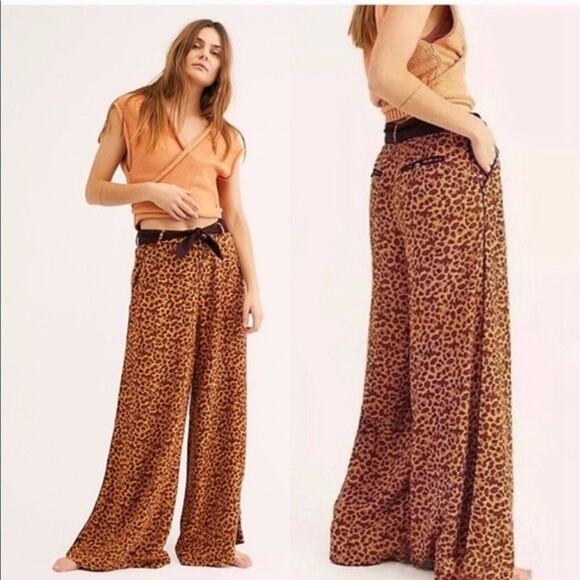 Free People Pants Womens 12 Tan Animal Print Wide Leg Boho Festival Hippie - Picture 1 of 16